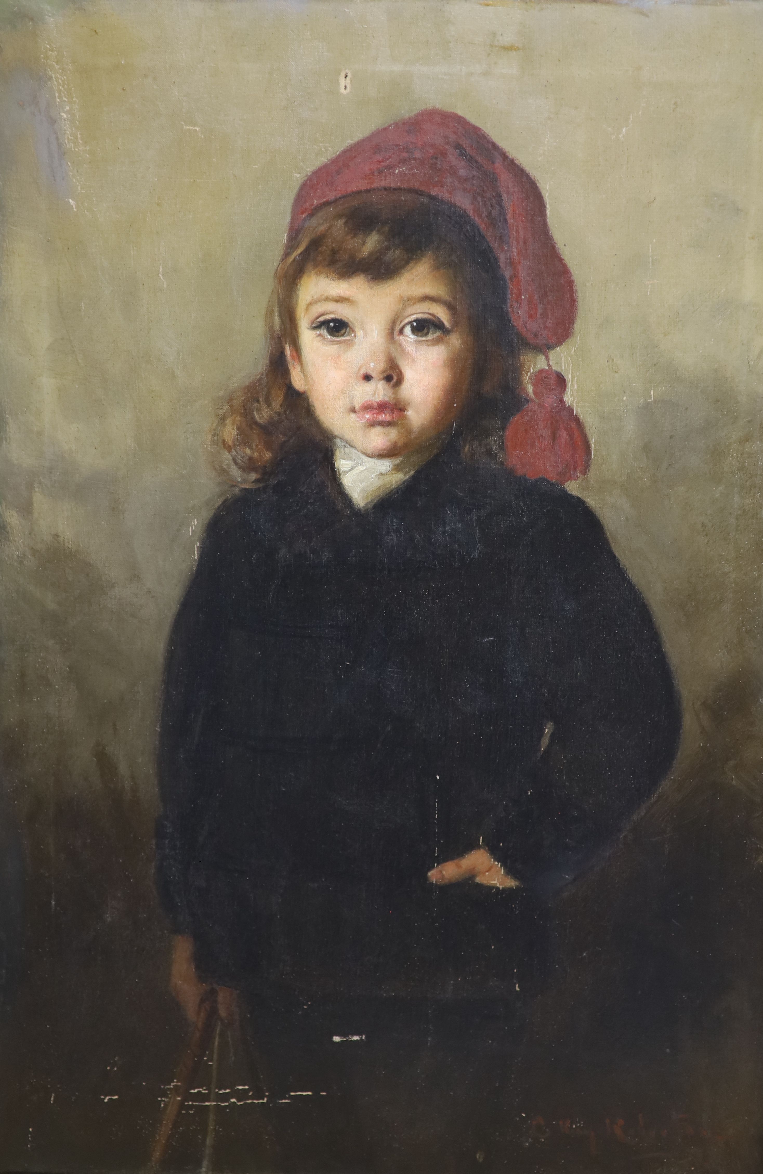 Charles Kay Robertson (fl.1877-1931), oil on canvas, Portrait of a girl wearing a black coat and red cap, signed, 76 x 50cm